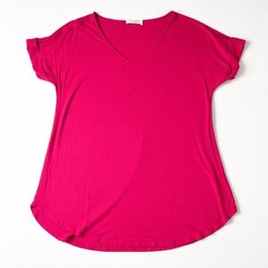 Zenana Womens V-Neck Cuffed Short Sleeve Top Magenta Pink Relaxed Fit L AT-45051